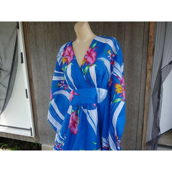 NOS Vtg Hawaiian OS Hattie Summer Bold Blue Pink Floral Dress Maxi Muu Muu +Size - Picture 3 of 11